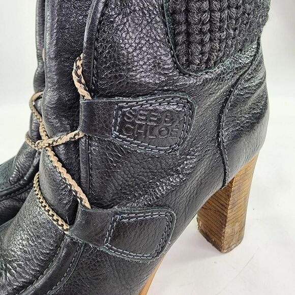 See by Chloe Knit Cuff Lace-Up Booties US 7.5 Black Leather Heel Booties Boot - Picture 7 of 13